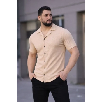 MARSiLYAN- Erkek Waffle Kumaş Kısa Kollu Düğmeli Açık Yaka Regular Fit Gömlek - Bej