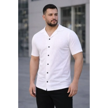 MARSiLYAN- Erkek Waffle Kumaş Kısa Kollu Düğmeli Açık Yaka Regular Fit Gömlek - Beyaz
