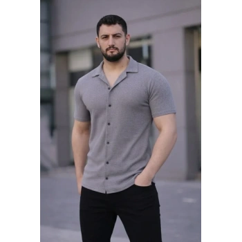 MARSiLYAN- Erkek Waffle Kumaş Kısa Kollu Düğmeli Açık Yaka Regular Fit Gömlek - Gri