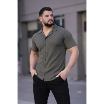 MARSiLYAN- Erkek Waffle Kumaş Kısa Kollu Düğmeli Açık Yaka Regular Fit Gömlek - Haki