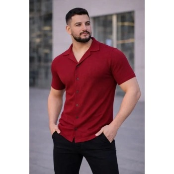 MARSiLYAN- Erkek Waffle Kumaş Kısa Kollu Düğmeli Açık Yaka Regular Fit Gömlek - Kırmızı