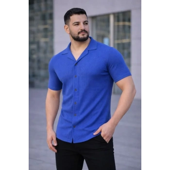 MARSiLYAN- Erkek Waffle Kumaş Kısa Kollu Düğmeli Açık Yaka Regular Fit Gömlek - Saks Mavisi