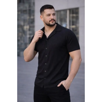 MARSiLYAN- Erkek Waffle Kumaş Kısa Kollu Düğmeli Açık Yaka Regular Fit Gömlek - Siyah
