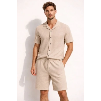 MARSiLYAN- Erkek Waffle Kumaş Kısa Kollu Gömlek Şort Takım Regular Fit Yazlık İkili Set - Bej
