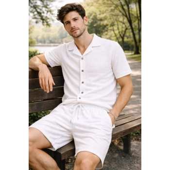 MARSiLYAN- Erkek Waffle Kumaş Kısa Kollu Gömlek Şort Takım Regular Fit Yazlık İkili Set - Beyaz