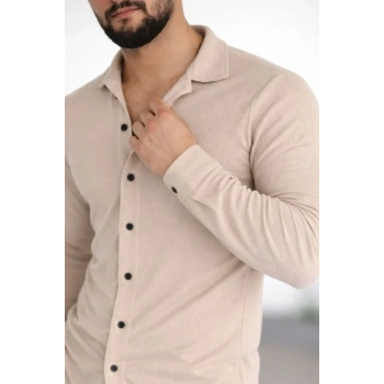 MARSiLYAN- Erkek Waffle Kumaş Uzun Kollu Düğmeli Açık Yaka Regular Fit Gömlek - Bej