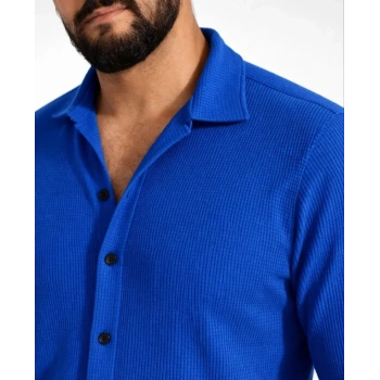 MARSiLYAN- Erkek Waffle Kumaş Uzun Kollu Düğmeli Açık Yaka Regular Fit Gömlek - Saks Mavisi