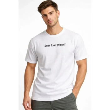 MARSiLYAN- Erkek Wafıl Kumaş Tişört Regular Kalıp Bisiklet Yaka Baskılı Günlük Basic T-Shirt - Beyaz