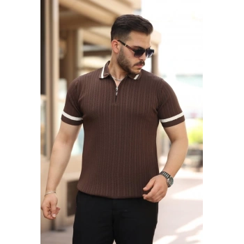 MARSiLYAN- Erkek Yaka Ve Kolları çizgi Detaylı Fermuarlı Kısa Kollu T-shirt