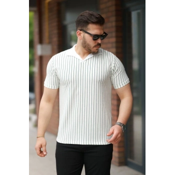 MARSiLYAN- Erkek Yakalı çizgi Desenli Kısa Kollu Tişört