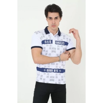 MARSiLYAN- Erkek Yakalı Slim Fit Baskılı T-Shirt - Beyaz
