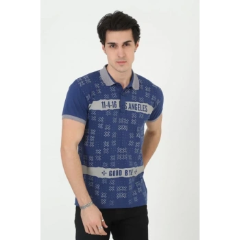 MARSiLYAN- Erkek Yakalı Slim Fit Baskılı T-Shirt - Mavi