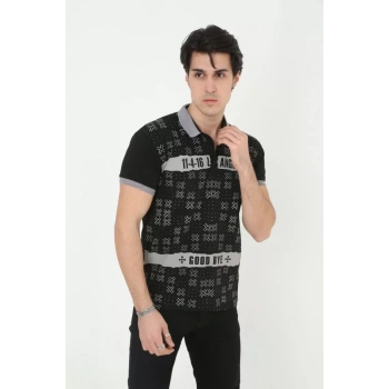 MARSiLYAN- Erkek Yakalı Slim Fit Baskılı T-Shirt - Siyah