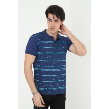 MARSiLYAN- Erkek Yakalı Slim Fit Pike Çizgili T-Shirt - Mavi
