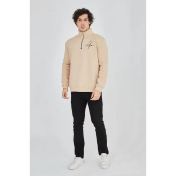 MARSiLYAN- Erkek Yarım Fermuarlı Baskılı Sweat - Bej