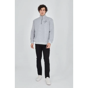 MARSiLYAN- Erkek Yarım Fermuarlı Baskılı Sweat - Gri