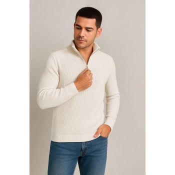 MARSiLYAN- Erkek Yarım Fermuarlı Triko Kazak – Selanik Örgü, Dik Yaka, Pamuklu Dokuma, Regular Fit Uzun Kollu Kışlık Model - Beyaz