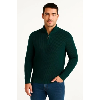 MARSiLYAN- Erkek Yarım Fermuarlı Triko Kazak – Selanik Örgü, Dik Yaka, Pamuklu Dokuma, Regular Fit Uzun Kollu Kışlık Model - Haki