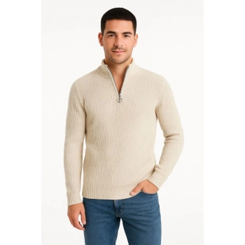 MARSiLYAN- Erkek Yarım Fermuarlı Triko Kazak – Selanik Örgü, Dik Yaka, Pamuklu Dokuma, Regular Fit Uzun Kollu Kışlık Model - Bej