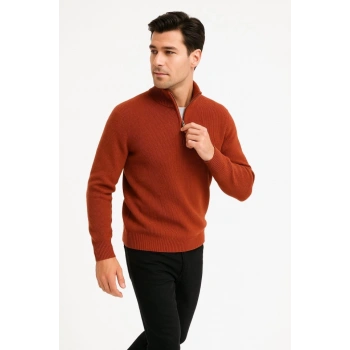 MARSiLYAN- Erkek Yarım Fermuarlı Triko Kazak – Selanik Örgü, Dik Yaka, Pamuklu Dokuma, Regular Fit Uzun Kollu Kışlık Model - Kiremit