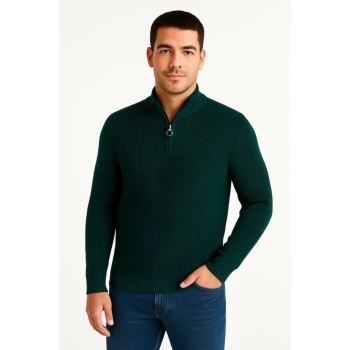 MARSiLYAN- Erkek Yarım Fermuarlı Triko Kazak – Selanik Örgü, Dik Yaka, Pamuklu Dokuma, Regular Fit Uzun Kollu Kışlık Model - Haki