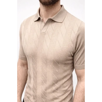 MARSiLYAN- Erkek Yazlık Triko Dokuma Tişört Kısa Kol Polo Yaka T-Shirt - Bej