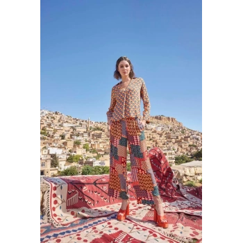 MARSiLYAN- Etnik Desenli Saten Alt Üst Takım