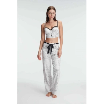 MARSiLYAN-  Fantezi Bralet Sütyen Pamuklu Puantiye Desenli Desteksiz Dantel Detaylı Pijama Takımı