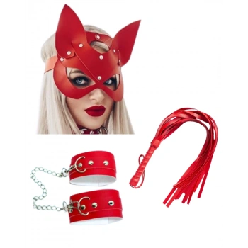 MARSiLYAN-  Fantezi Deri Seksi Kırmızı Kedi Maske Kelepçe Kırbaç Seti ( 3lü set) TG275367