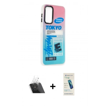 MARSİLYAN™- Galaxy A14 4G Kılıf Siluet Çizgi Koleksiyonu - Şeffaf Pasifik Cam Ekran Koruyucu + Kamera Lens Koruma Cam - SF