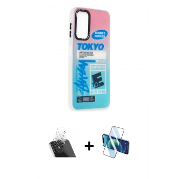 MARSİLYAN™- Galaxy A14 4G Kılıf Siluet Çizgi Koleksiyonu - Siyah 3D Antistatik Cam Ekran Koruyucu + Kamera Lens Koruma Cam - SF