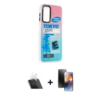 MARSİLYAN™- Galaxy A14 4G Kılıf Siluet Çizgi Koleksiyonu - Siyah 3D Antistatik Mat Seramik Nano Ekran Koruyucu + Kamera Lens Koruma Cam - SF