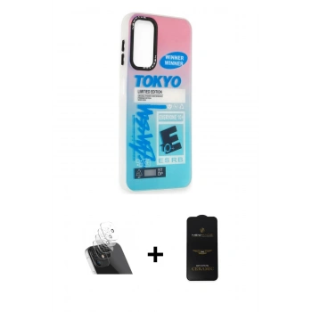 MARSİLYAN™- Galaxy A14 4G Kılıf Siluet Çizgi Koleksiyonu - Siyah 6D Antistatik Mat Seramik Hayalet Nano Ekran Koruyucu + Kamera Lens Koruma Cam - SF