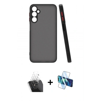 MARSİLYAN™- Galaxy A15 4G Kılıf Ahenk Çizgi Serisi - Siyah 3D Antistatik Cam Ekran Koruyucu + Kamera Lens Koruma Cam - SF