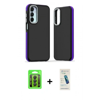 MARSİLYAN™- Galaxy A15 4G Kılıf Eksen Işık - Şeffaf Pasifik Cam Ekran Koruyucu + Raze Metal Kamera Lens - SH