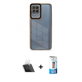 MARSİLYAN™- Galaxy A22 Kılıf Çekirdek Klasik Serisi - Siyah 5D Eko Cam Ekran Koruyucu + Kamera Lens Koruma Cam - SF