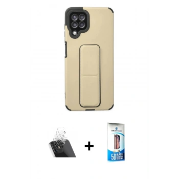 MARSİLYAN™- Galaxy A22 Kılıf Çekirdek Yansıma - Siyah 5D Eko Cam Ekran Koruyucu + Kamera Lens Koruma Cam - SF