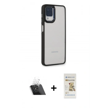 MARSİLYAN™- Galaxy A22 Kılıf Eksen Doku Prime - Siyah Mat Seramik Nano Ekran Koruyucu + Kamera Lens Koruma Cam - SF