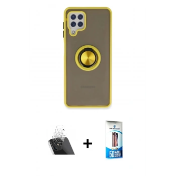 MARSİLYAN™- Galaxy A22 Kılıf Yörünge Çizgi - Siyah 5D Eko Cam Ekran Koruyucu + Kamera Lens Koruma Cam - SF