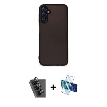 MARSİLYAN™- Galaxy A24 4G Kılıf Ahenk Çizgi Serisi - Siyah 3D Antistatik Seramik Nano Ekran Koruyucu + Valdez Metal Kamera Lens - SH