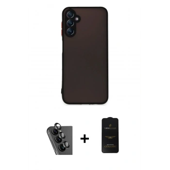 MARSİLYAN™- Galaxy A24 4G Kılıf Ahenk Çizgi Serisi - Siyah 6D Antistatik Mat Seramik Hayalet Nano Ekran Koruyucu + Valdez Metal Kamera Lens - SH