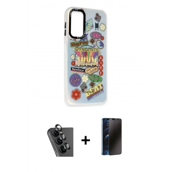 MARSİLYAN™- Galaxy A24 4G Kılıf Siluet Çizgi Koleksiyonu - Siyah 3D Antistatik Hayalet Cam Ekran Koruyucu + Valdez Metal Kamera Lens - SH