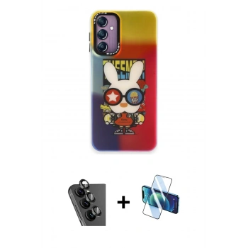 MARSİLYAN™- Galaxy A24 4G Kılıf Siluet Çizgi Koleksiyonu - Siyah 3D Antistatik Seramik Nano Ekran Koruyucu + Valdez Metal Kamera Lens - SH