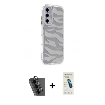 MARSİLYAN™- Galaxy A25 5G Kılıf Ahenk Modern Serisi - Şeffaf Pasifik Cam Ekran Koruyucu + Valdez Metal Kamera Lens - SH