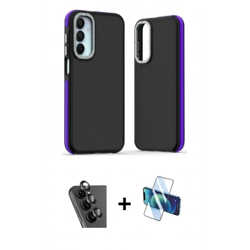MARSİLYAN™- Galaxy A25 5G Kılıf Eksen Işık - Siyah 3D Antistatik Seramik Nano Ekran Koruyucu + Valdez Metal Kamera Lens - SH