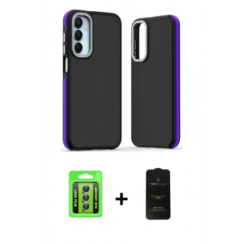MARSİLYAN™- Galaxy A25 5G Kılıf Eksen Işık - Siyah 6D Antistatik Mat Seramik Hayalet Nano Ekran Koruyucu + Raze Metal Kamera Lens - GS
