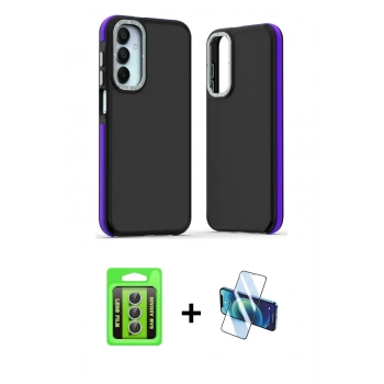 MARSİLYAN™- Galaxy A35 5G Kılıf Eksen Işık - Siyah 3D Antistatik Seramik Nano Ekran Koruyucu + Raze Metal Kamera Lens - GS