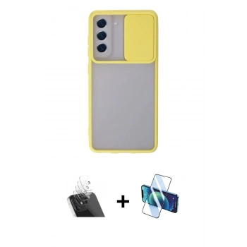 MARSİLYAN™- Galaxy S21 FE Kılıf Vadi Çizgi - Siyah 3D Antistatik Cam Ekran Koruyucu + Kamera Lens Koruma Cam - SF