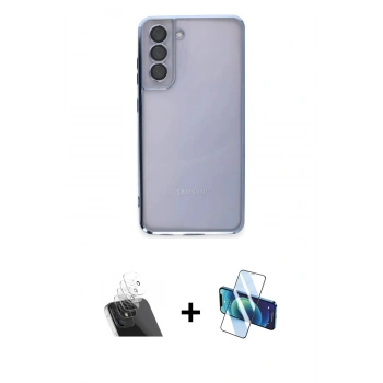 MARSİLYAN™- Galaxy S21 FE Kılıf Vadi Minimal - Siyah 3D Antistatik Cam Ekran Koruyucu + Kamera Lens Koruma Cam - SF