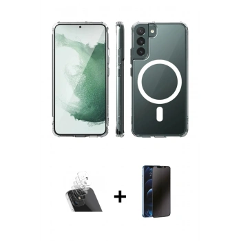 MARSİLYAN™- Galaxy S22 Kılıf Ahenk Yansıma Prime - Siyah 3D Antistatik Hayalet Cam Ekran Koruyucu + Kamera Lens Koruma Cam - SF